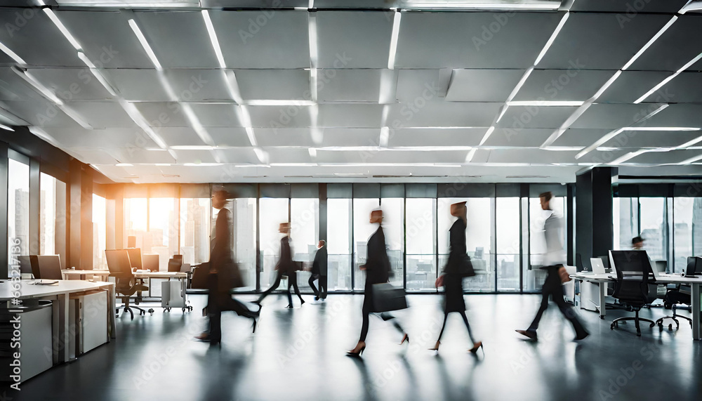 Bright business workplace with people in walking in blurred motion in modern office space Bright business workplace with people in walking in blurred motion in modern office space