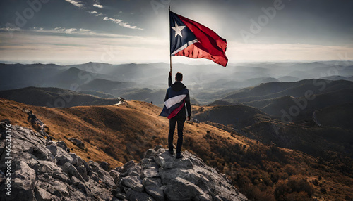 Man standing on top of mountain with flag, success leadership concept © Smile Studio AP