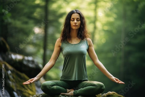 Young woman practicing yoga without stress in nature. Female sitting in lotus pose.Yoga mountains. Generative AI