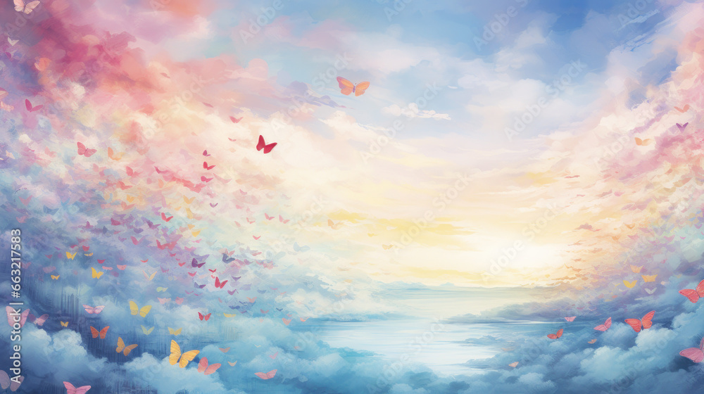 Dreamy Sky With Boho Colored Butterflies And Clouds. Ethereal Boho Butterfly Background. Generative AI