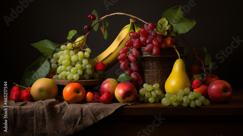 A pleasingly arranged artistic still life of various fresh fruits is captured in a photograph.