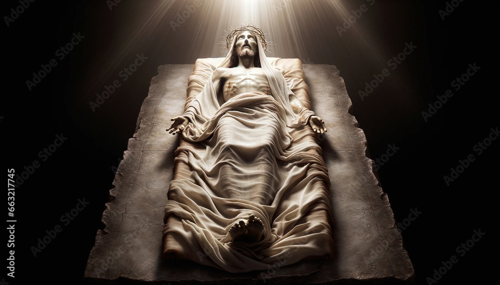The Glorious Resurrection: Light of Radiation Surrounding the Risen Body of Jesus Christ inside Tomb. - obrazy, fototapety, plakaty 