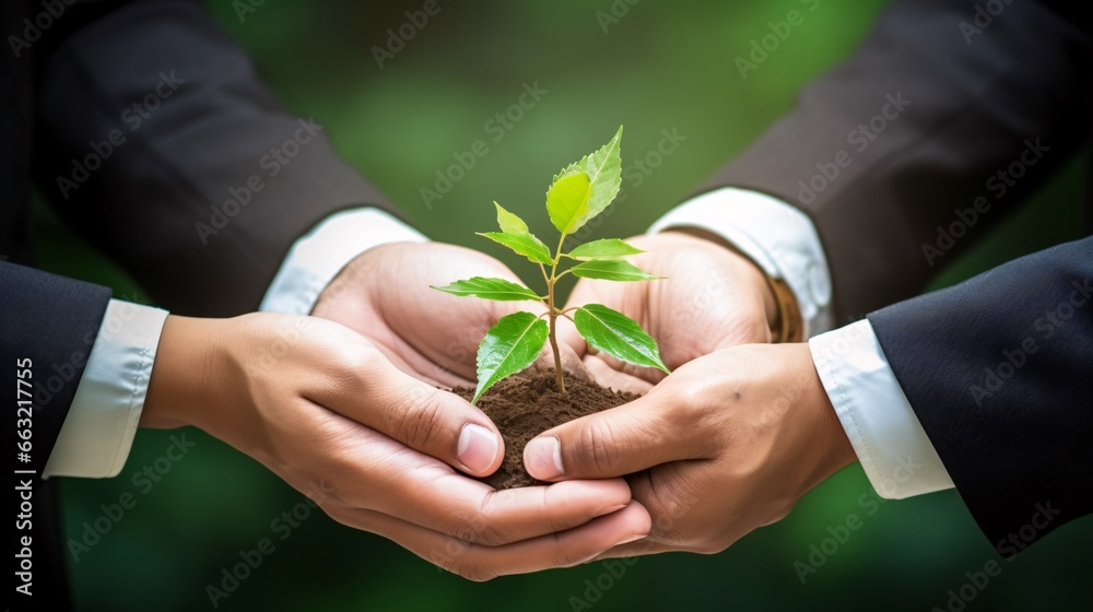 Business hands gripping vegetation connote agriculture and synergy in a ...