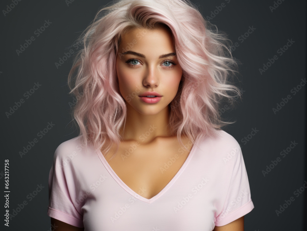 Studio lighting, clean design, flat background - a beautiful e-commerce photograph of a white portrait young beautiful woman with short haircut styling in pastel colors.