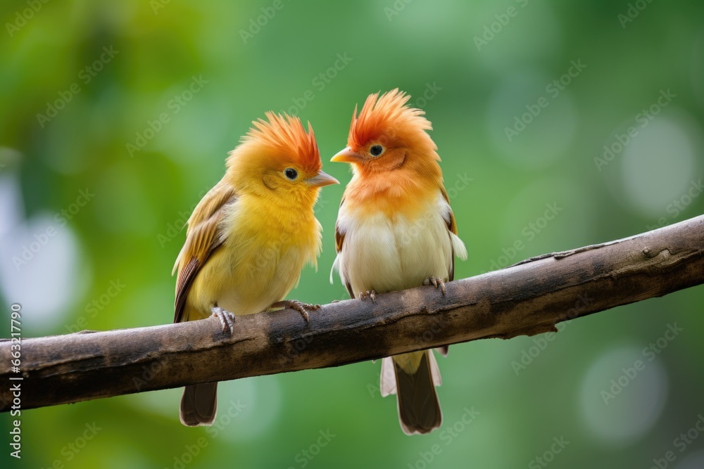 two birds on a branch, facing each other