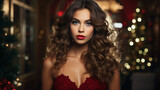 Glamorous brunette in scarlet garb with luxuriant locks adorned in makeup, atop a glimmering Christmas party backdrop, exudes fashion-savvy beauty.