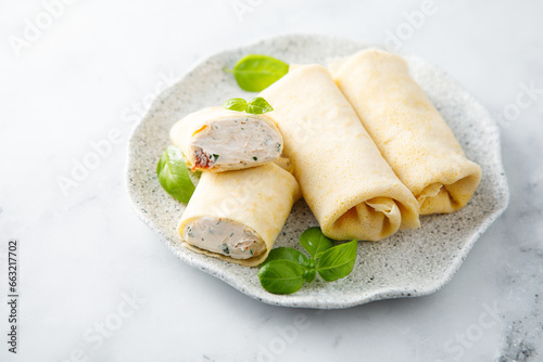Homemade crepes with cream cheese filling