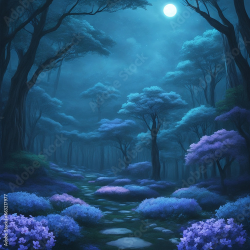 blue moon forest pastel night time fantasy woods