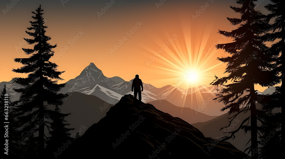Fototapeta premium Silhouette of man on the top of the mountain