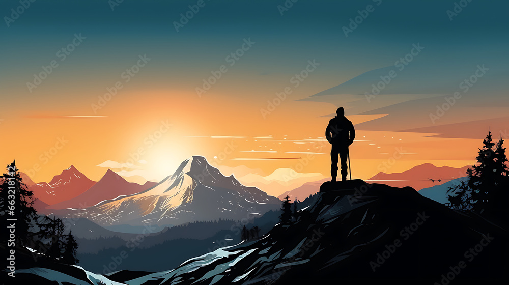 Silhouette of man on the top of the mountain