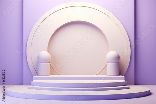 a podium on a purple stage backdrop, in the style of light purple and light beige.