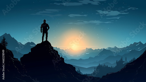 Silhouette of man on the top of the mountain