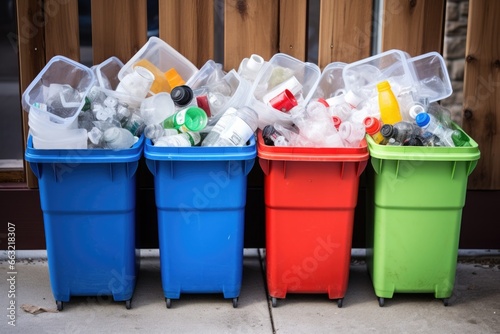 recycling bins sorted by plastic, glass, and paper