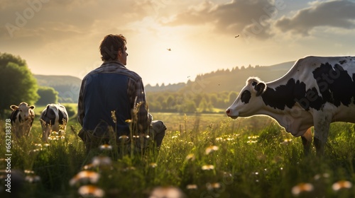 A cattle farmer tends to their cows outdoors in the countryside, sustainably feeding and raising them on the grassy plains. photo