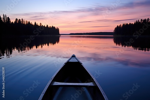 a canoe facing a calm lake at dusk