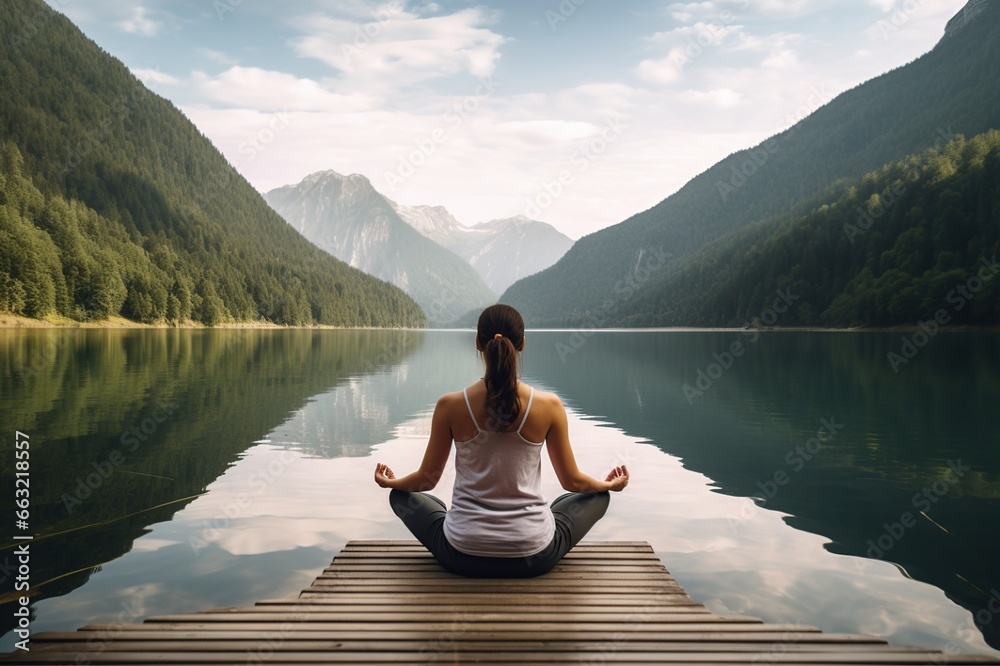 Young woman in sportswear practicing yoga without stress in nature. Female in sportswear sitting in lotus pose. Generative AI