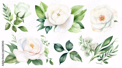 A collection of white floral elements with green leaves, presented in a watercolour illustration.