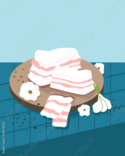 Lard, salo spicy raw salted on a plate with slices, garlic and black pepper. Dish with traditional Ukrainian pork on a blue table. Vector illustration