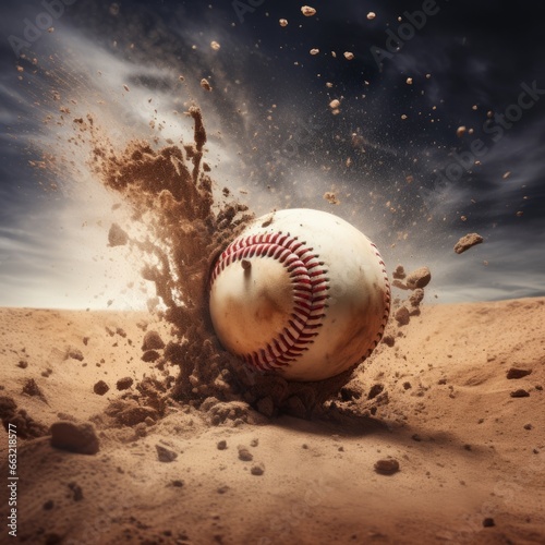 Baseball ball hitting the ground hard and lifting dirt.