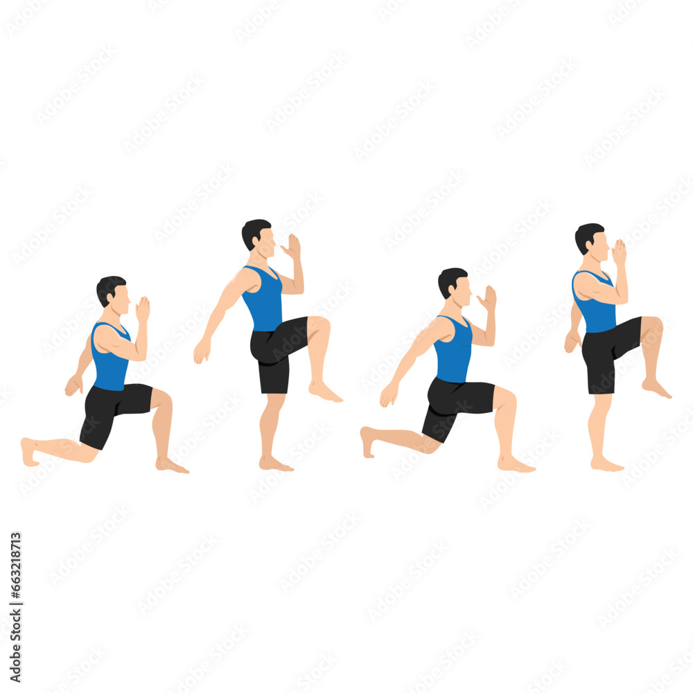 Man doing Walking lunges exercise. Flat vector illustration isolated on white background Man doing Walking lunges exercise. Flat vector illustration isolated on white background