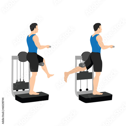 Man doing Rear leg raise workout with machine. Lever standing rear kick exercise. Flat vector illustration isolated on white background