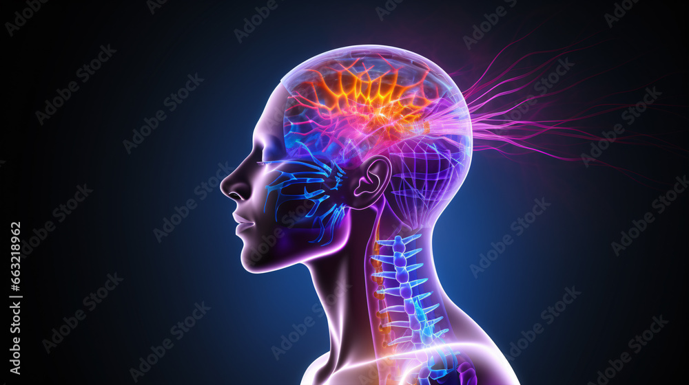 Illustration of a person's aching head, as depicted in medical x-ray imaging, representing a migraine condition. Illustration of a person's aching head, as depicted in medical x-ray imaging, representing a migraine condition.