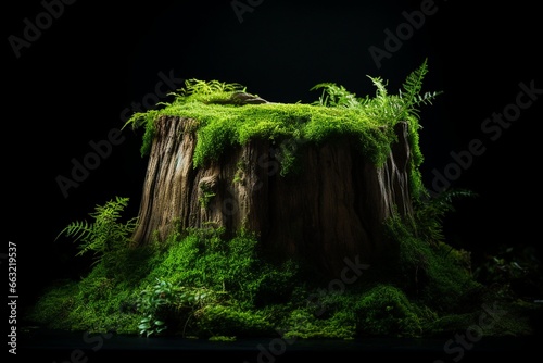 Enchanting Moss-Covered Tree Stump Against Black Background