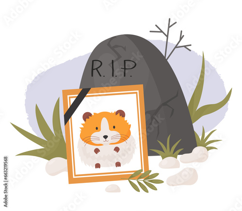 Mourning portrait of dead hamster. Cemetery and grave and stones with grass. Vector illustration. Photograph frame with lovely pet of rodent hamster ghost .