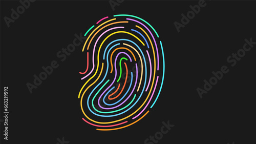 3D render abstract background of stylized fingerprint of smooth lines of spline gradient multicolor waves with dof