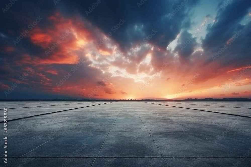 Empty Concrete Floor on the Rooftop with Blue Sky and White Clouds Background