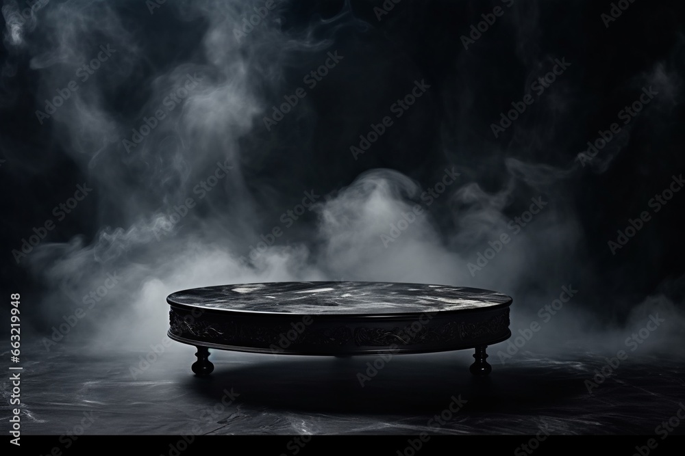 Empty Black Marble Table in a Dark Room with Smoke