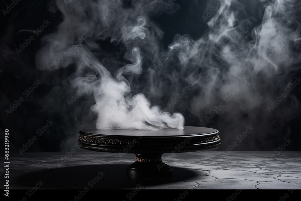 Empty Black Marble Table in a Dark Room with Smoke