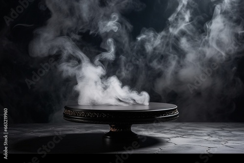 Empty Black Marble Table in a Dark Room with Smoke