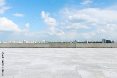 Empty Concrete Floor on the Rooftop with Blue Sky and White Clouds Background - High Quality Photo