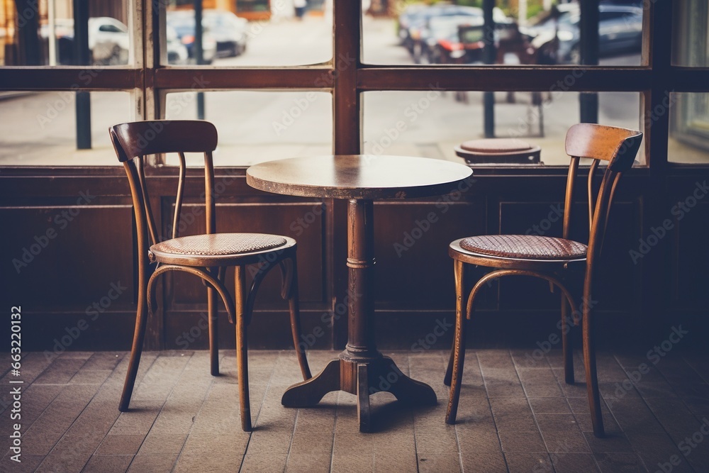 Empty Round Wooden Table and Chairs in Coffee Shop Cafe - Vintage Effect Style Pictures