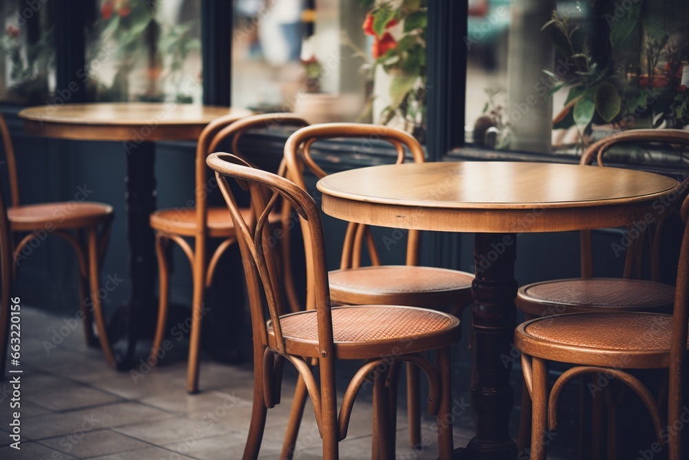 Empty Round Wooden Table and Chairs in Coffee Shop Cafe - Vintage Effect Style Pictures