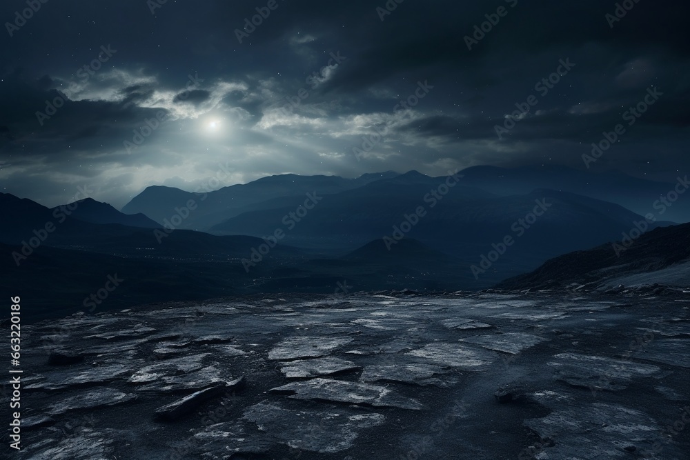 Empty Stone Floor and Rugged Mountain Landscape Under Moonlit Sky