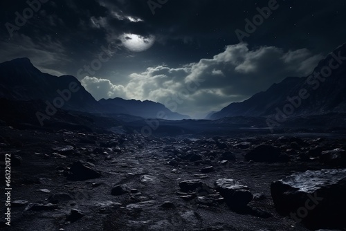 Empty Stone Floor and Rugged Mountain Landscape Under Moonlit Sky