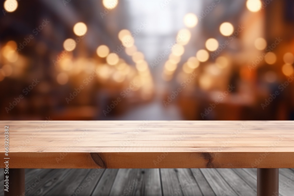 Wooden Table Top and Blurred City Traffic at Sunset Wooden Table Top and Blurred City Traffic at Sunset