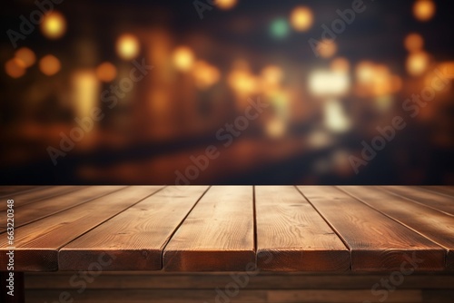 Wooden Table Top and Blurred City Traffic at Sunset © Maximilien