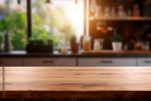 Empty Wooden Table in Modern Kitchen for Product Display Montage