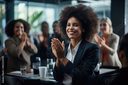 Black woman, Target growth, finance team and diversity of business group clapping for support and happiness. Company success. Generative AI