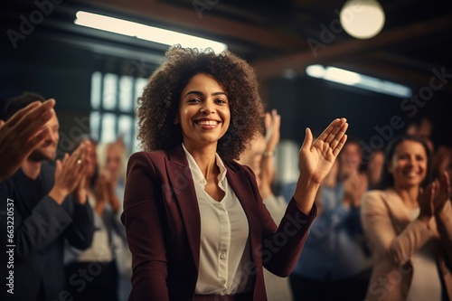 Black woman, Target growth, finance team and diversity of business group clapping for support and happiness. Company success. Generative AI