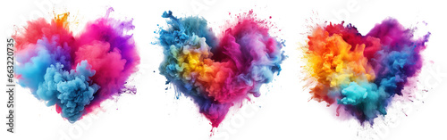 colorful vibrant smoke bomb explosion clouds in the shape of a heart - on transparent background	
