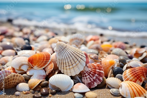 Seashells on the sand on the beach. Close-up of many seashells overlooking the ocean. Beach holiday concept.