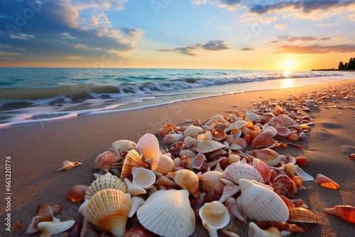 Seashells on the sand on the beach. Close-up of many seashells overlooking the ocean. Sunset. Beach holiday concept.