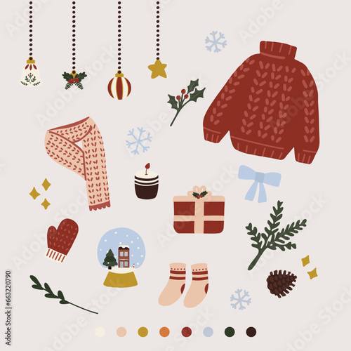 hand drawn vector illustration of winter holiday vibe sticker pack. Cute elements doodle collection for winter poster, card, scrapbooking , tag, invitation, headboard