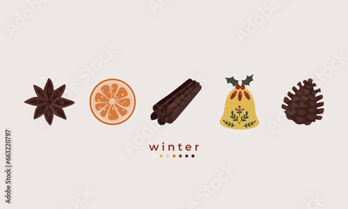 hand drawn illustration set of cute winter spices and decorative elements: star anise, orange, cinnamon, bell, pine. For winter poster, card, scrapbooking , tag, invitation, headboard