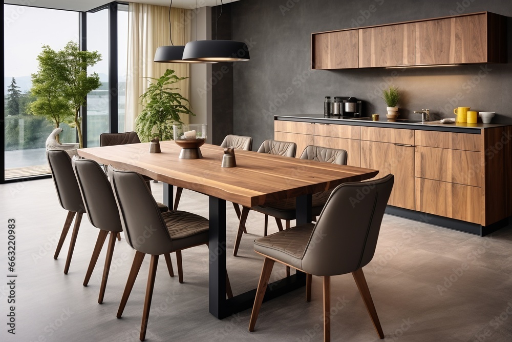 Modern Kitchen Interior with Wooden Dining Table and Chairs - High Quality Photo