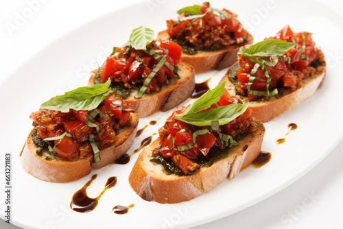 olive oil drizzled on sun-dried tomato bruschetta on a white surface